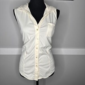 Kathy Ireland Womens Large Sleeveless Button Down Shirt Cream Off White Stretch